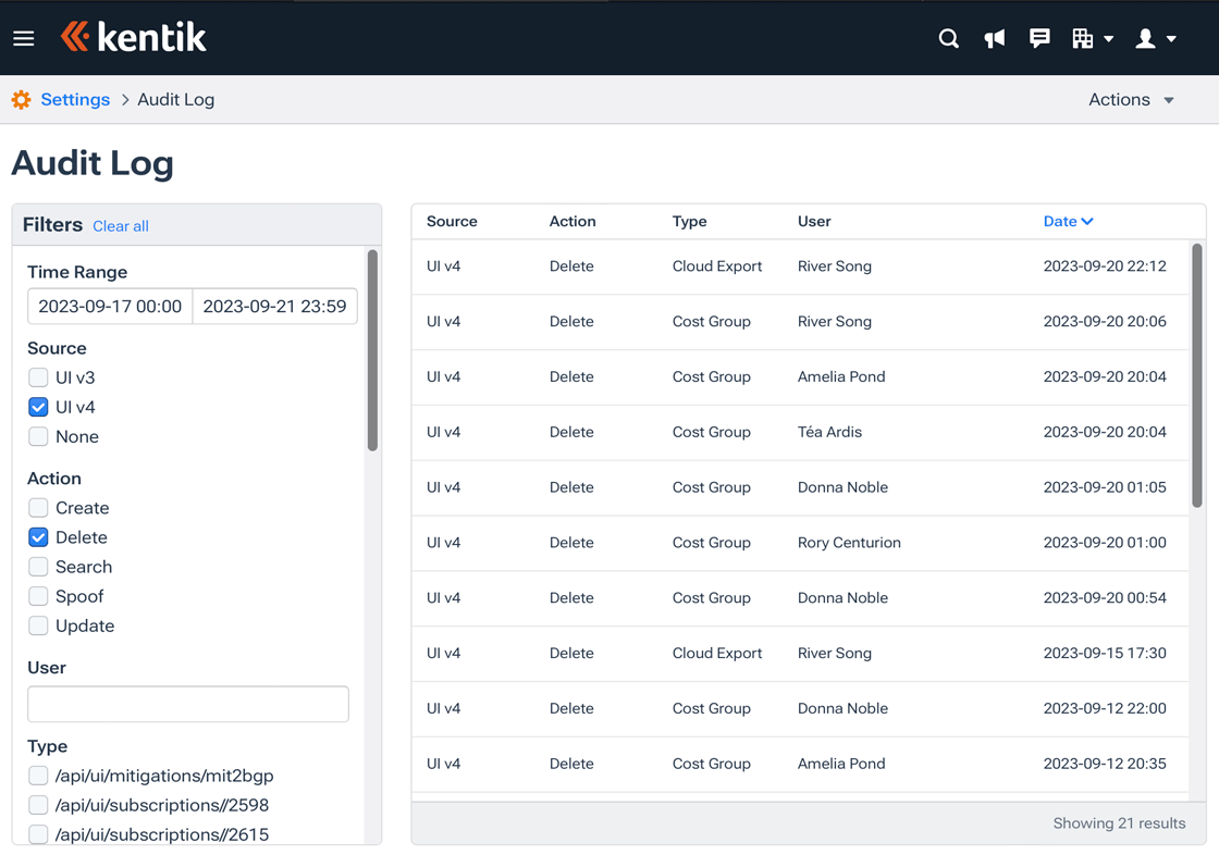 The Audit Log lists changes made to your Kentik environment.