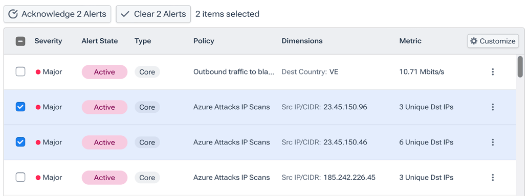Individual alerts are selected with the checkbox at the left of their row.