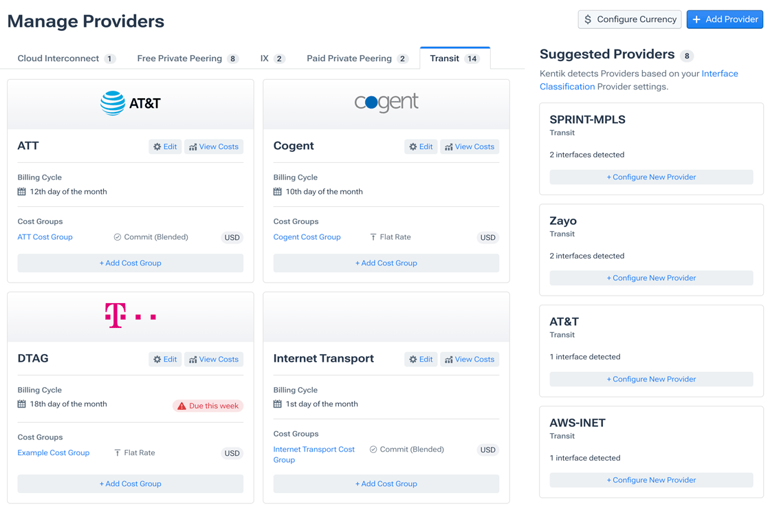 Providers are managed in the Connectivity Costs module on the Manage Providers page.
