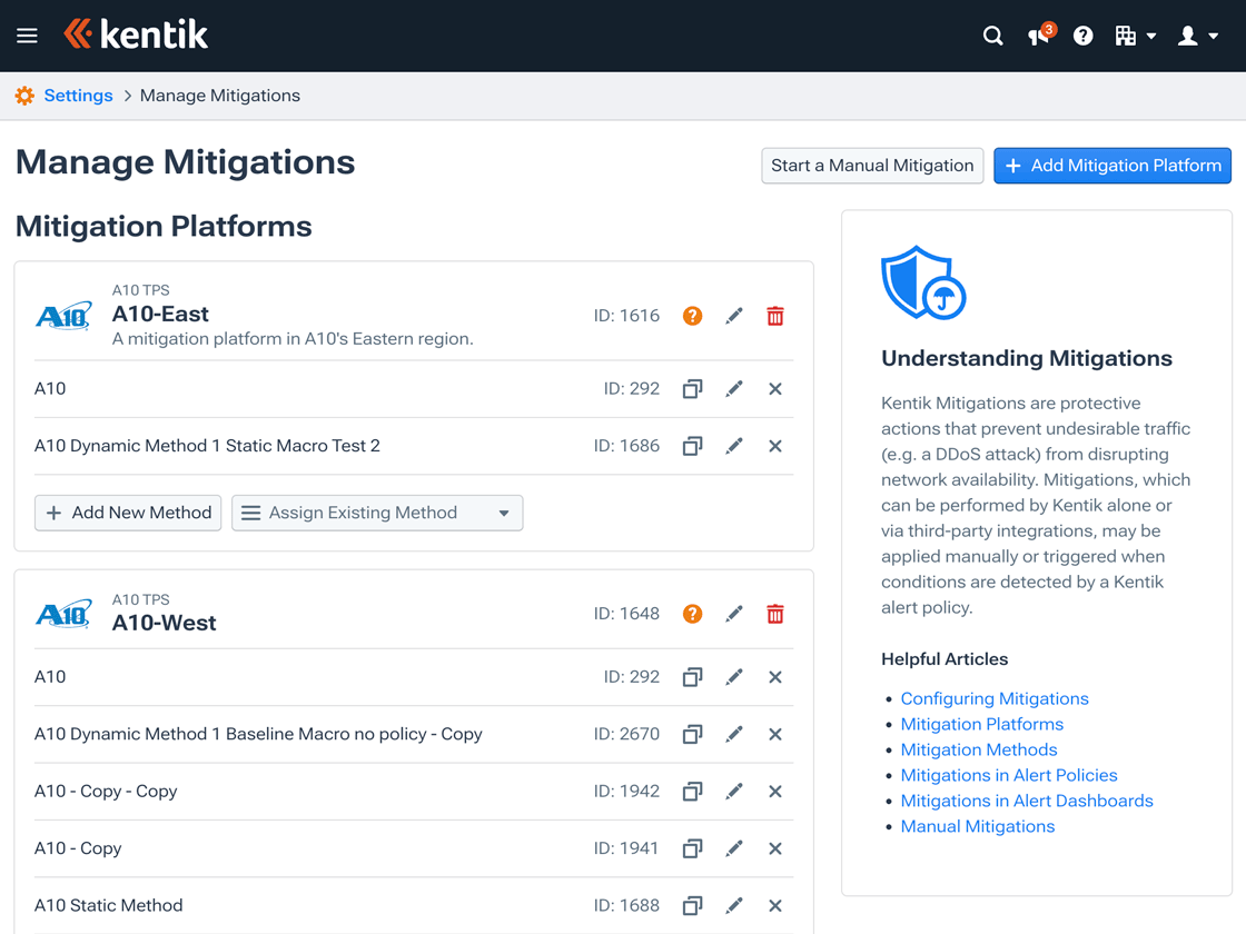 The Manage Mitigations page enables settings for both platforms and methods.