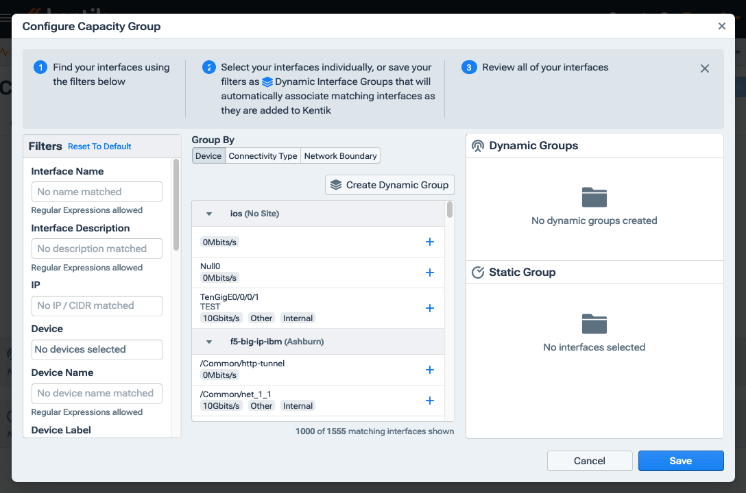 The Configure Capacity Group dialog is used to assign interfaces to the static and dynamic groups of a capacity plan.