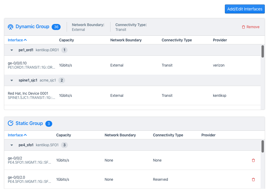 The Interfaces tab is used to manage the interfaces assigned to a capacity plan.