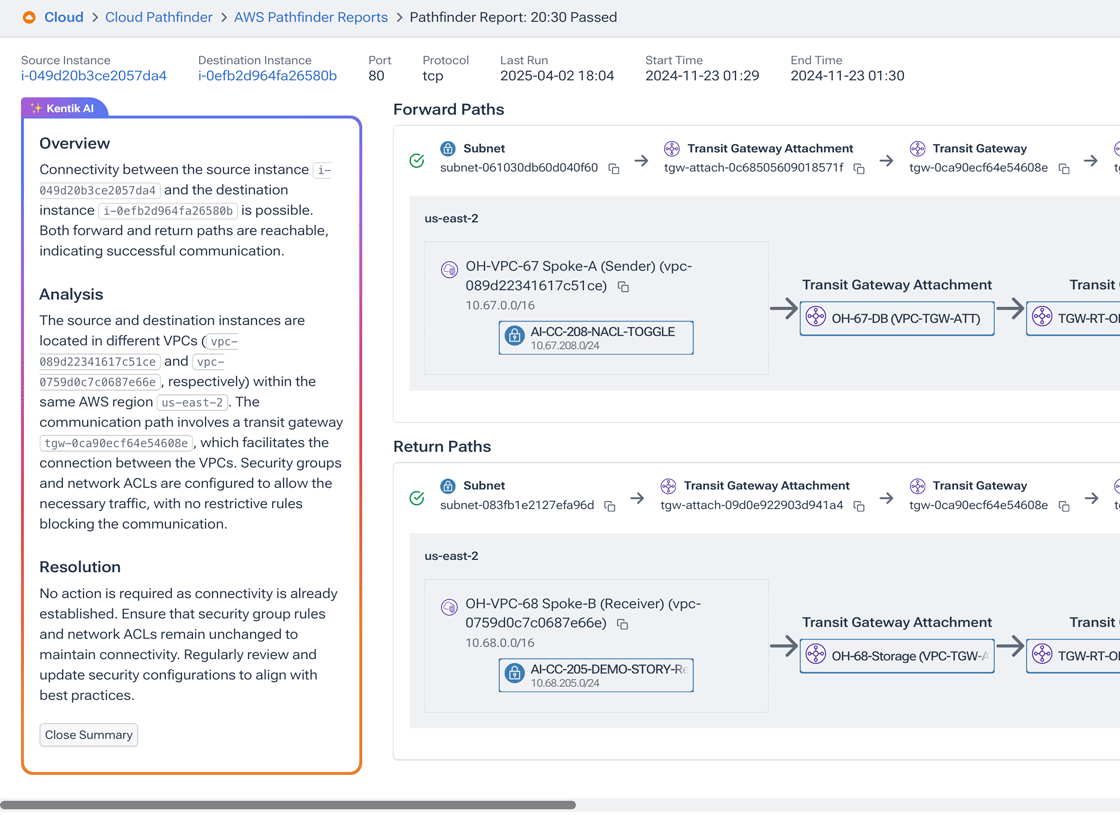 The Pathfinder report page shows the results of a connectivity check.