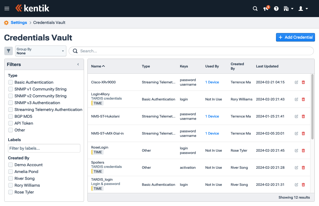 The home page of Credentials Vault features a filterable list of credentials.