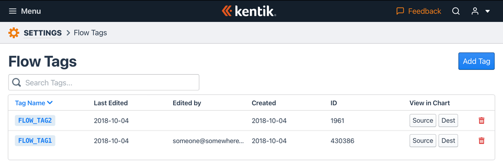 The Flow Tags page lists the tags you've set to match flow record fields at ingest.