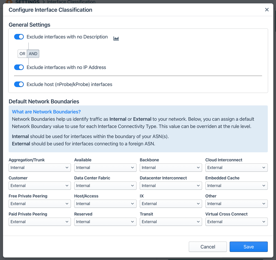 The dialog enables you to exclude various categories of interfaces from classification, and to set the default Network Boundary for each Connectivity Type.