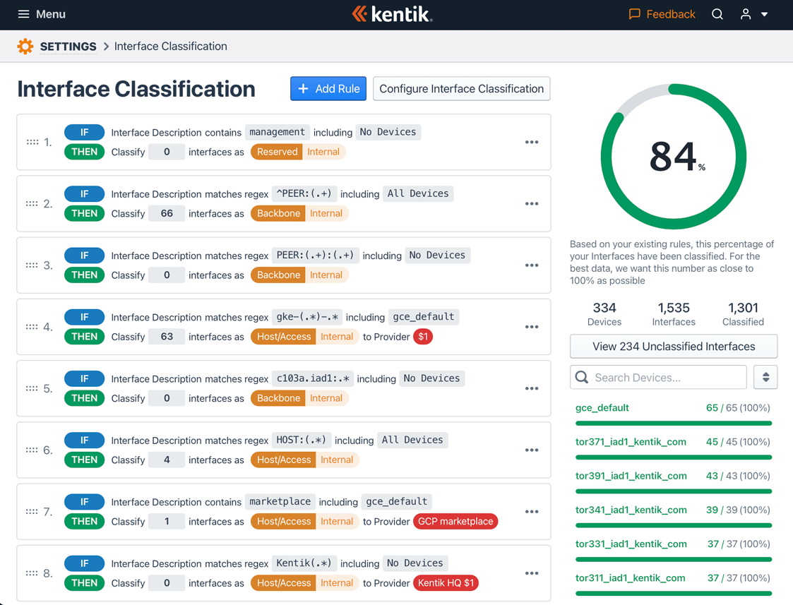 The landing page shows all currently configured Interface Classification rules and lets you add new rules to capture unclassified interfaces.