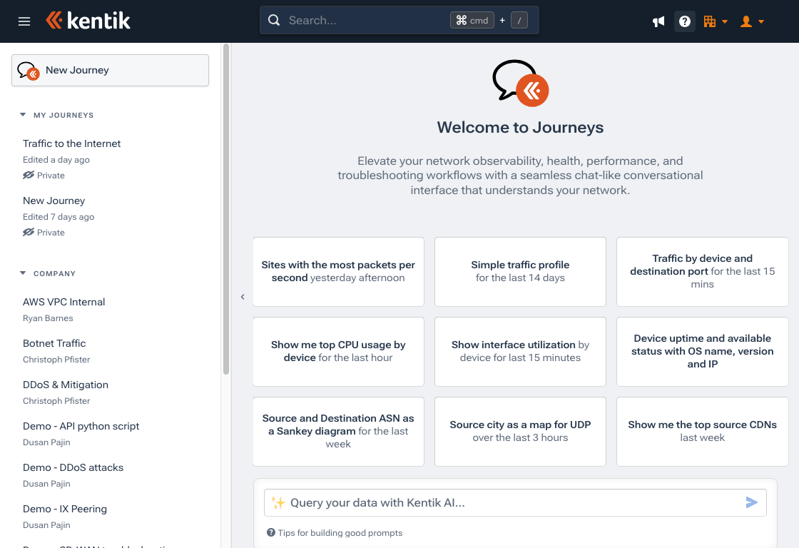Journeys enables you to ask natural language questions about your network.