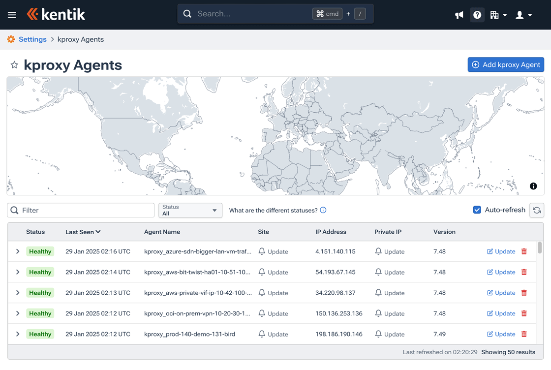 Manage settings for proxy agents on the kproxy Agents page.