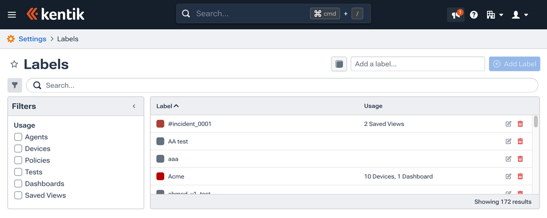 The Labels page is used to manage your organization's labels, which represent collections of devices, agents, and tests.
