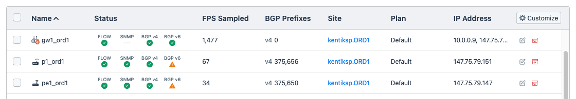 The Devices list in Settings &raquo; Network Devices shows the BGP status of devices.