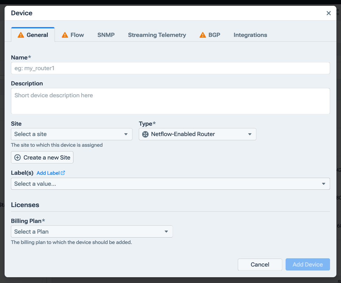 Settings for devices are made on the tabs of the Device dialog.