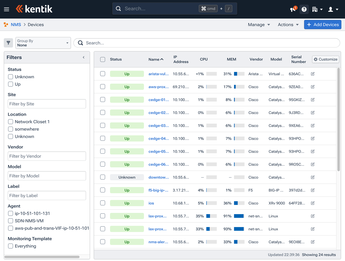 The Devices page displays device status and enables you to manage devices.