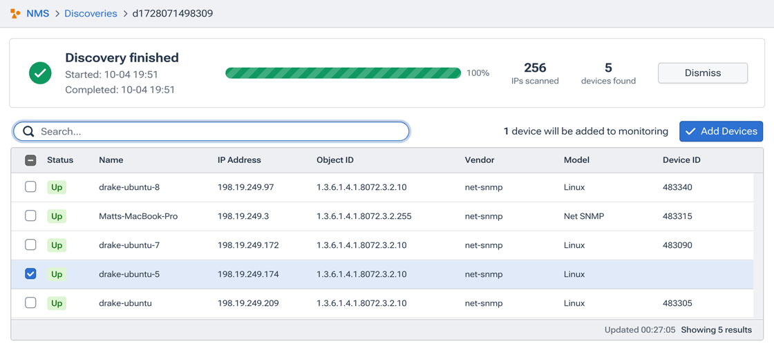 The Details page for an NMS discovery.
