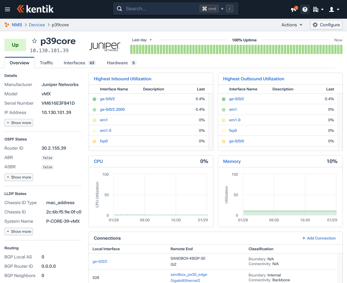 The NMS Devices page lists all devices currently being monitored by Kentik NMS.