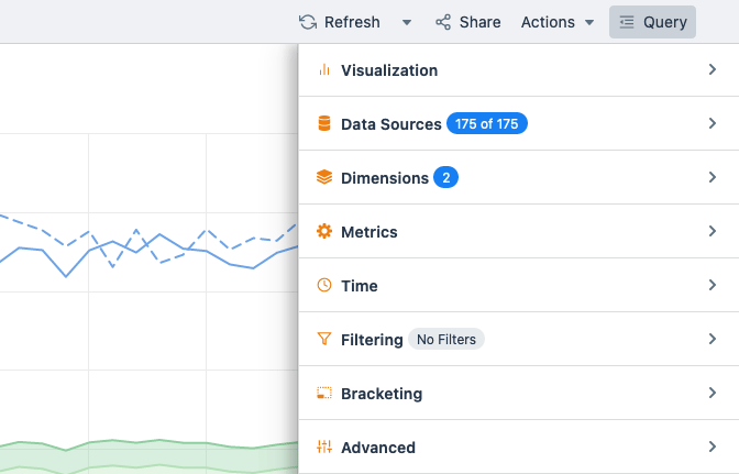 Settings for queries are made in the panes of the sidebar that opens from the Query button.