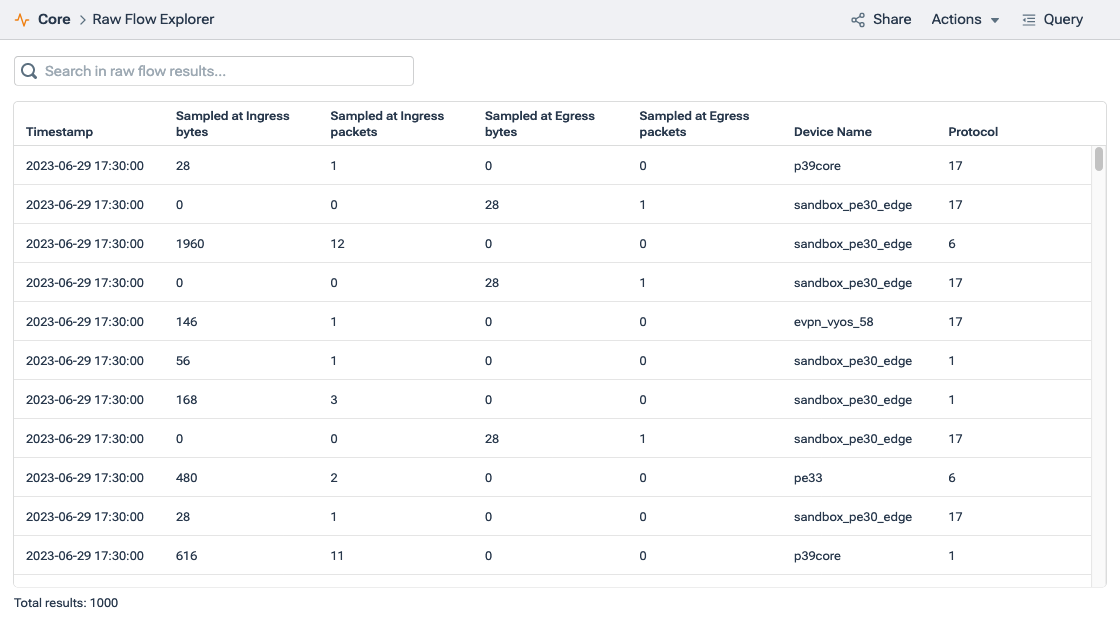 The table displays the results of the query, enabling you to see the dimension values in individual flow records.