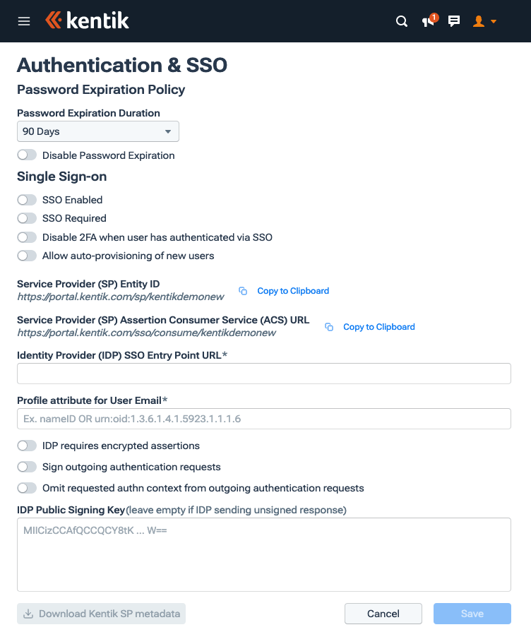 The settings page for configuration of password expiration and SSO.