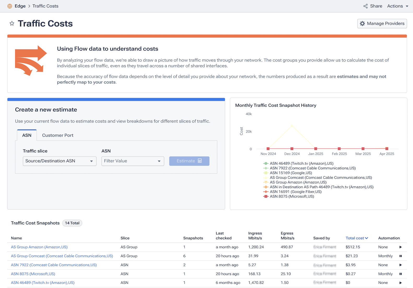 The Traffic Costs workflow enables you to create cost estimates and track them from a single view.