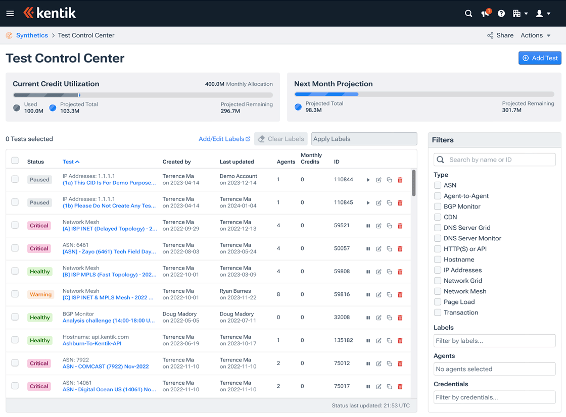 The Test Control Center landing page.