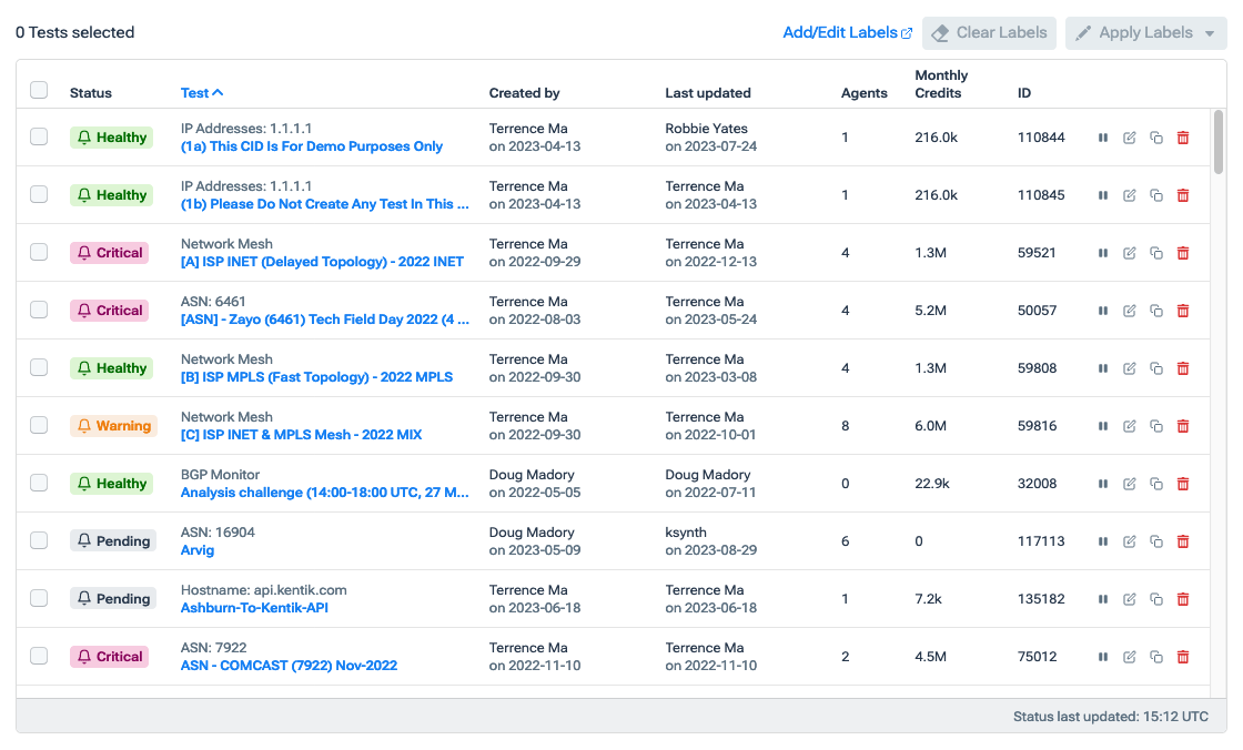 The Tests List is a list of all tests currently configured in your organization.