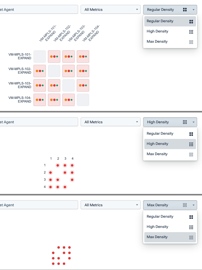 A mesh, without highlights, showing all metrics at the three different densities.