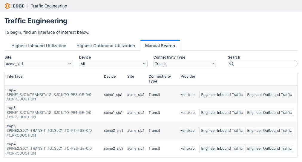 The Manual Search tab lets you find interfaces by filtering.