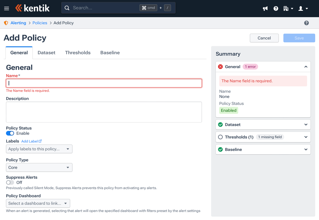 The settings page for a threshold policy.