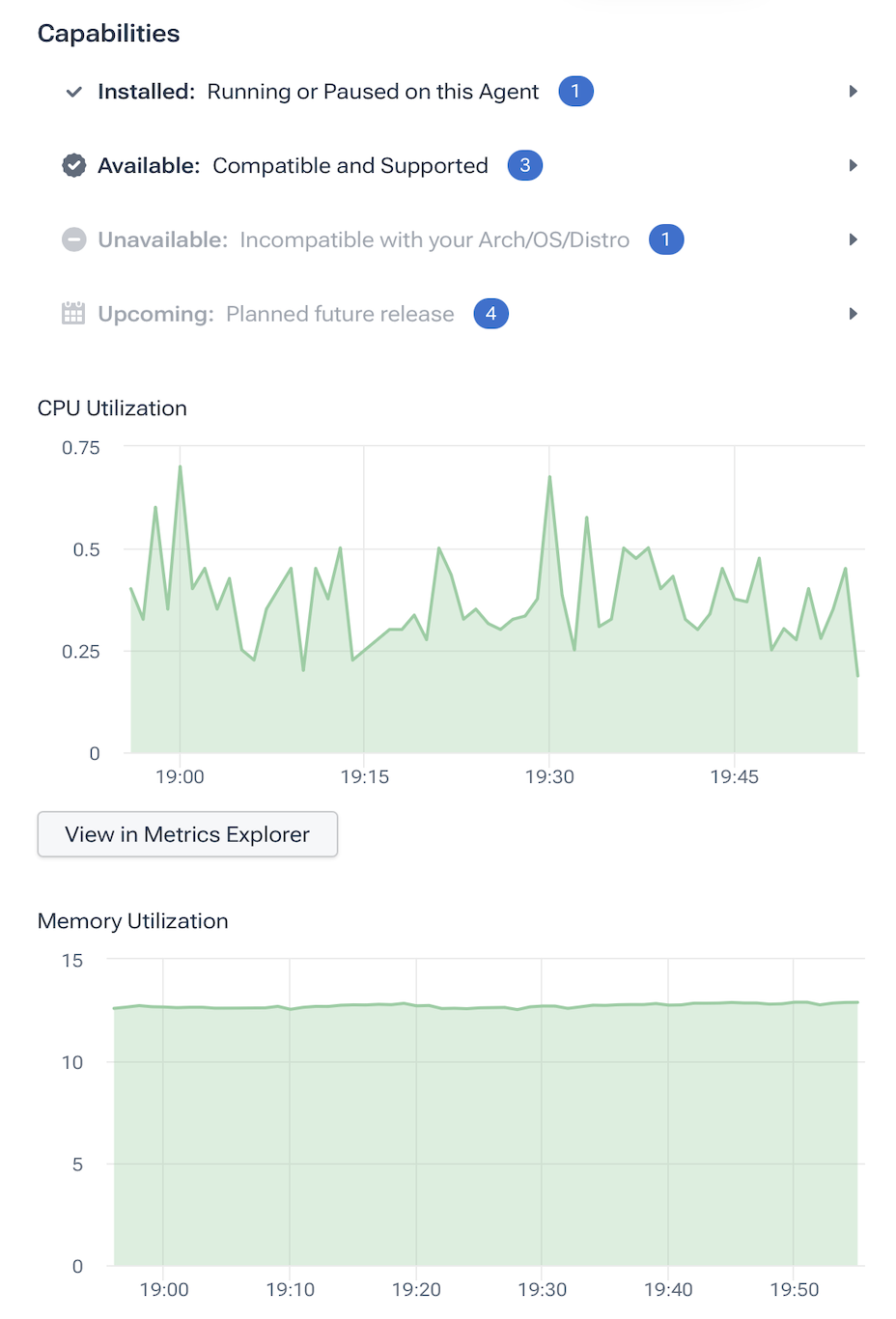 The Capability drawer shows metadata and charts for an installed capability.