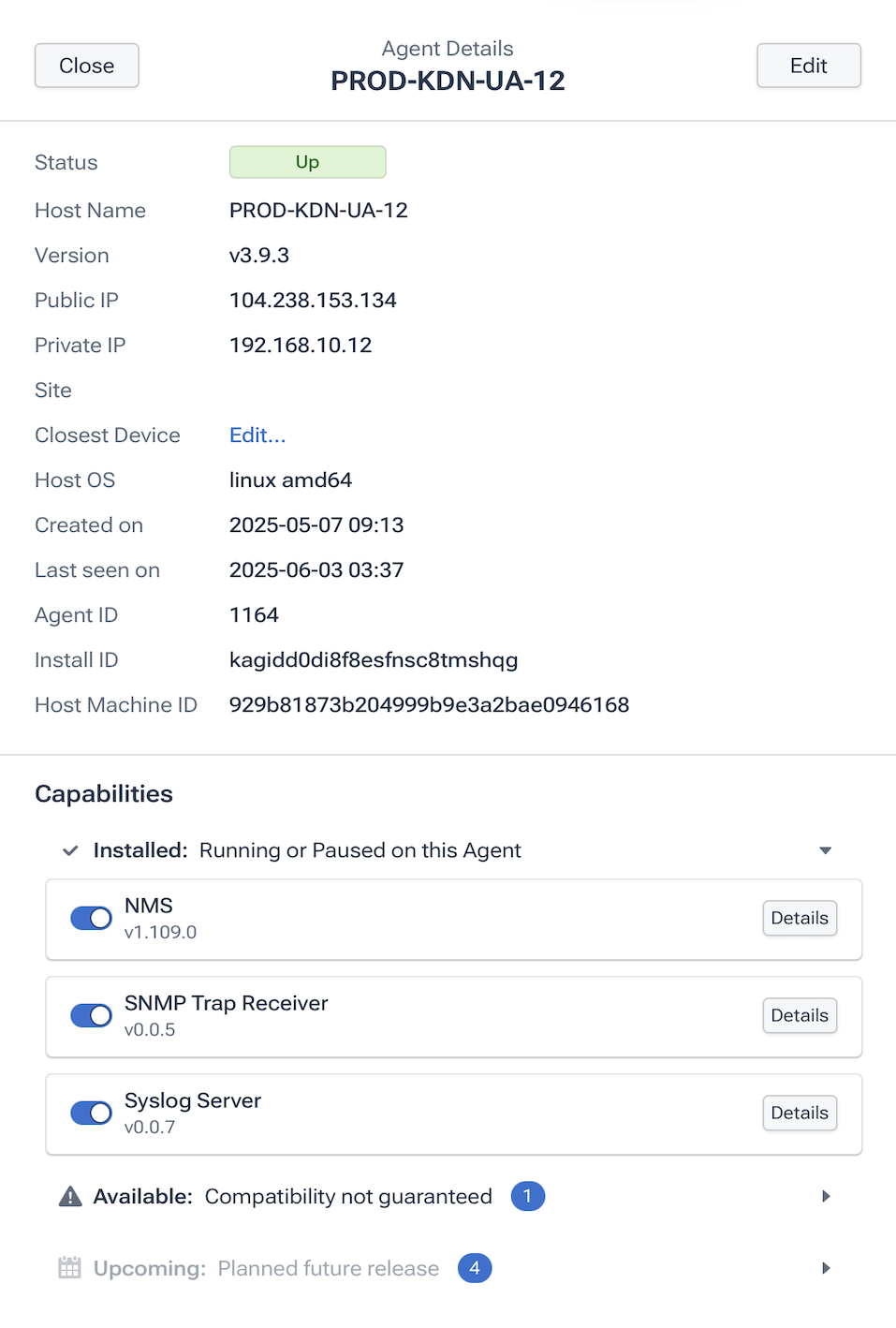 The Agent Details drawer showsmetadata, capabilities, and charts for the agent.