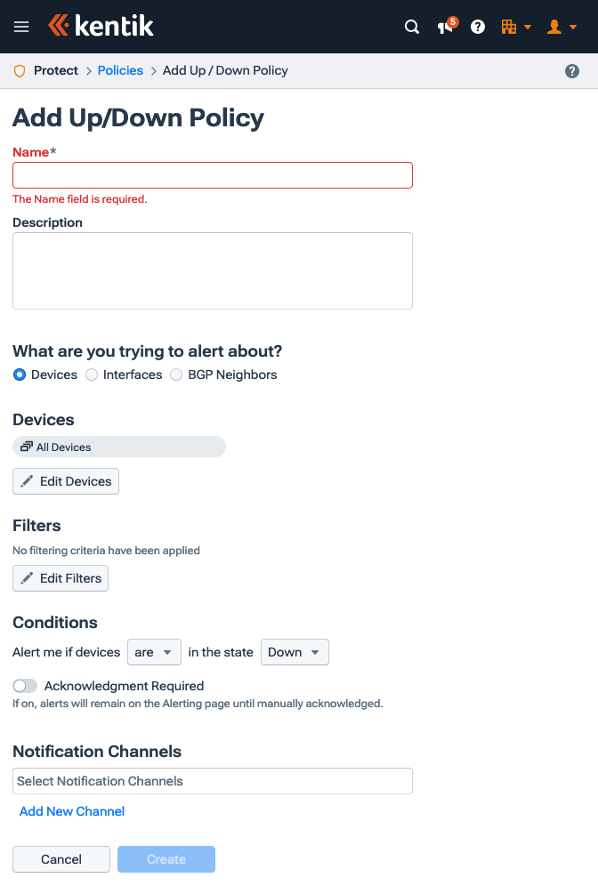 The settings page for Up/Down policies.