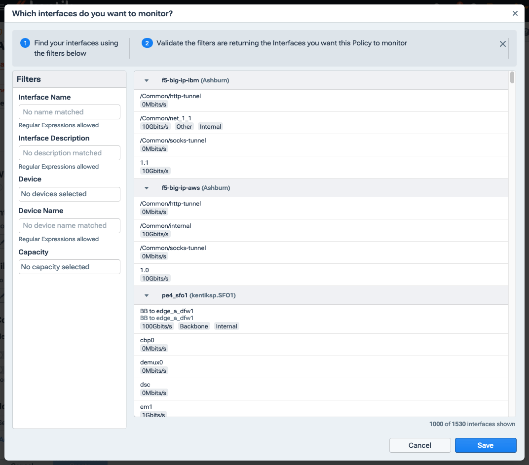 Use the filters at left to define the set of interfaces to monitor.