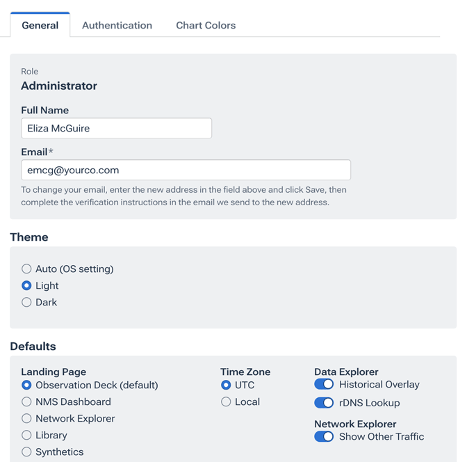 Settings such as user information, themes, and landing page are set on the General tab.